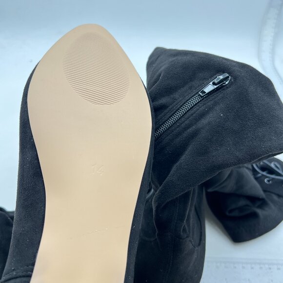 Women's Suede Over The Knee High Boots Low Flat Heel Thigh High Boots Black - Picture 5 of 6